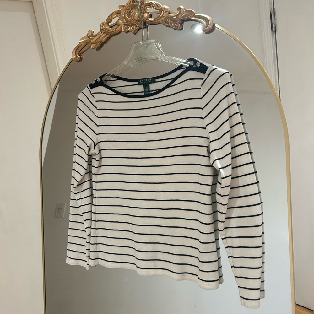 Ralph Lauren Black & White Striped Cotton Longsleeve Top, Size L
